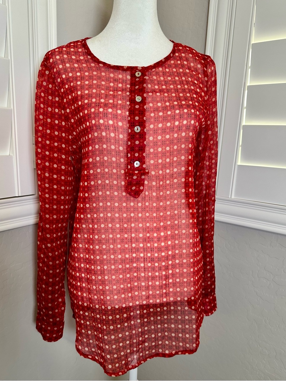 Bundle 4/$25 Mango - Red Semi-Sheer Button-Front Tunic with Micro Dot Print